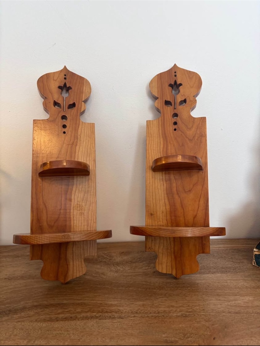 Vintage Solid Wood Folk Art Wall Shelves – Matching Pair
